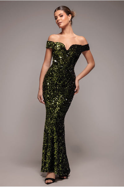 Olive - Goddiva Sequin Velvet Bardot Evening Maxi Dress - Olive Green