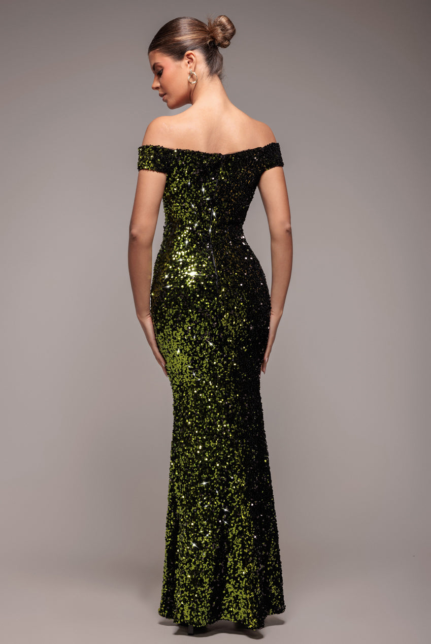 Goddiva Sequin Velvet Bardot Evening Maxi Dress - Olive Green