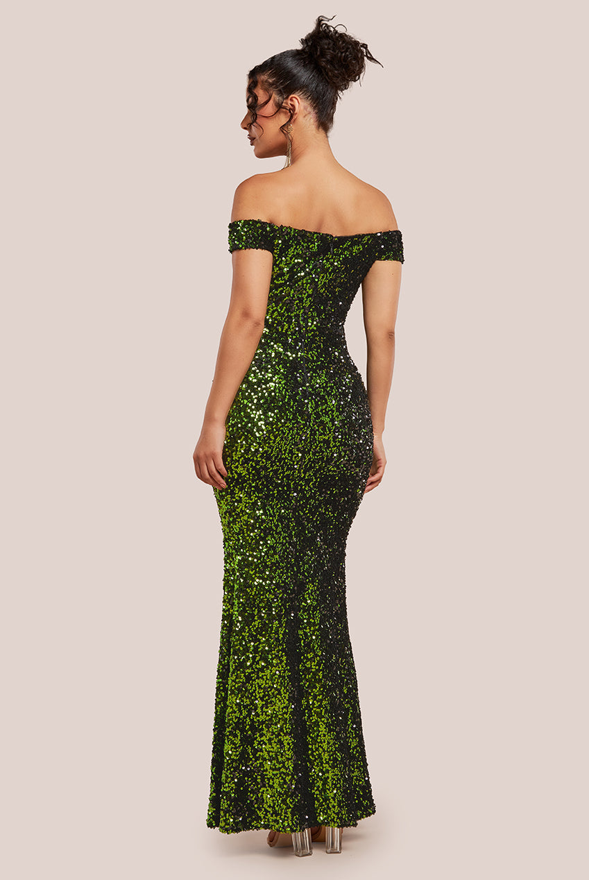 Goddiva Sequin Velvet Bardot Evening Maxi Dress - Olive Green