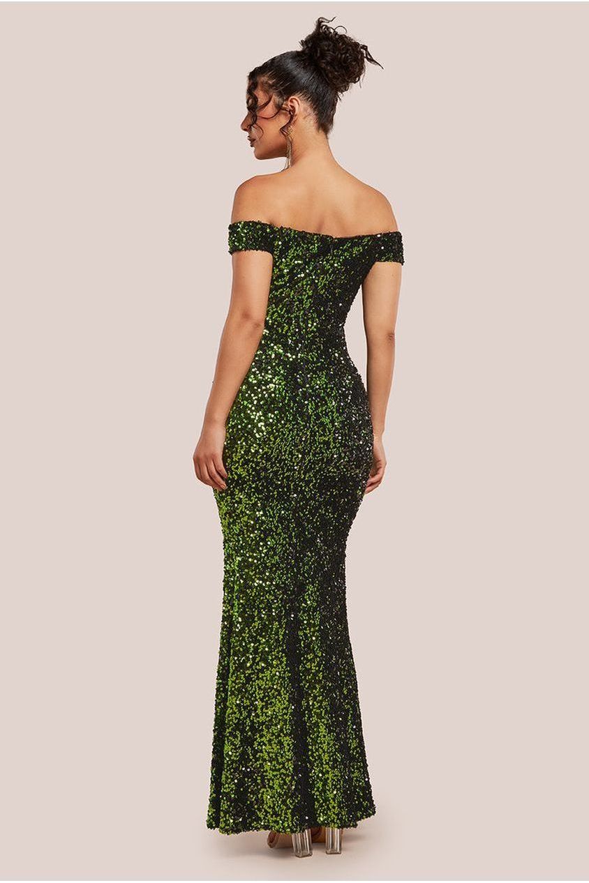 Goddiva Sequin Velvet Bardot Evening Maxi Dress - Olive Green