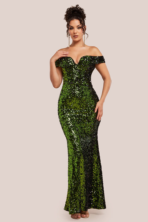 Goddiva Sequin Velvet Bardot Evening Maxi Dress - Olive