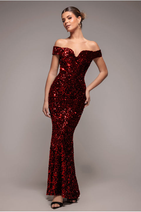 Goddiva Sequin Velvet Bardot Evening Maxi Dress - Red