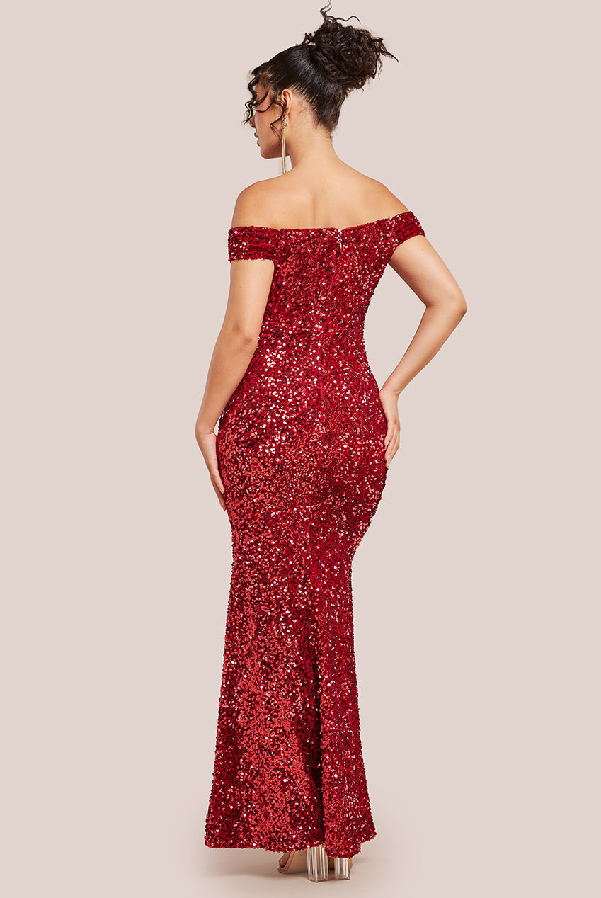 Goddiva Sequin Velvet Bardot Evening Maxi Dress - Red