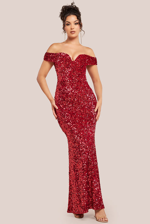 Goddiva Sequin Velvet Bardot Evening Maxi Dress - Red