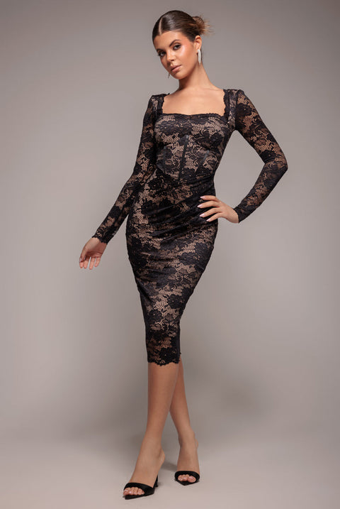 Goddiva Scalloped Lace Corset Bodice Midi Dress - Black