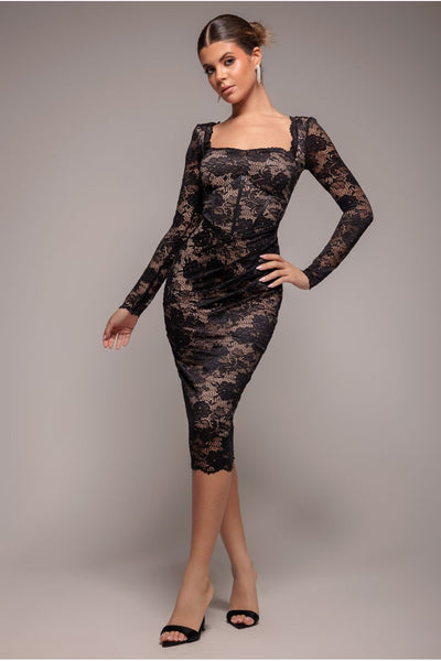 Black - Goddiva Scalloped Lace Corset Bodice Midi Dress - Black