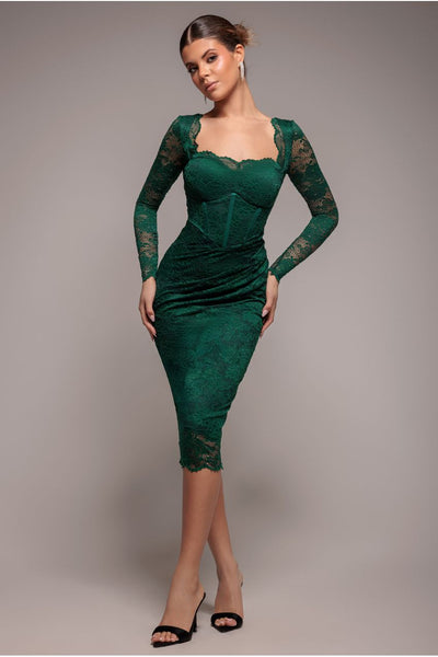 Emerald - Goddiva Scalloped Lace Corset Bodice Midi Dress - Emerald Green