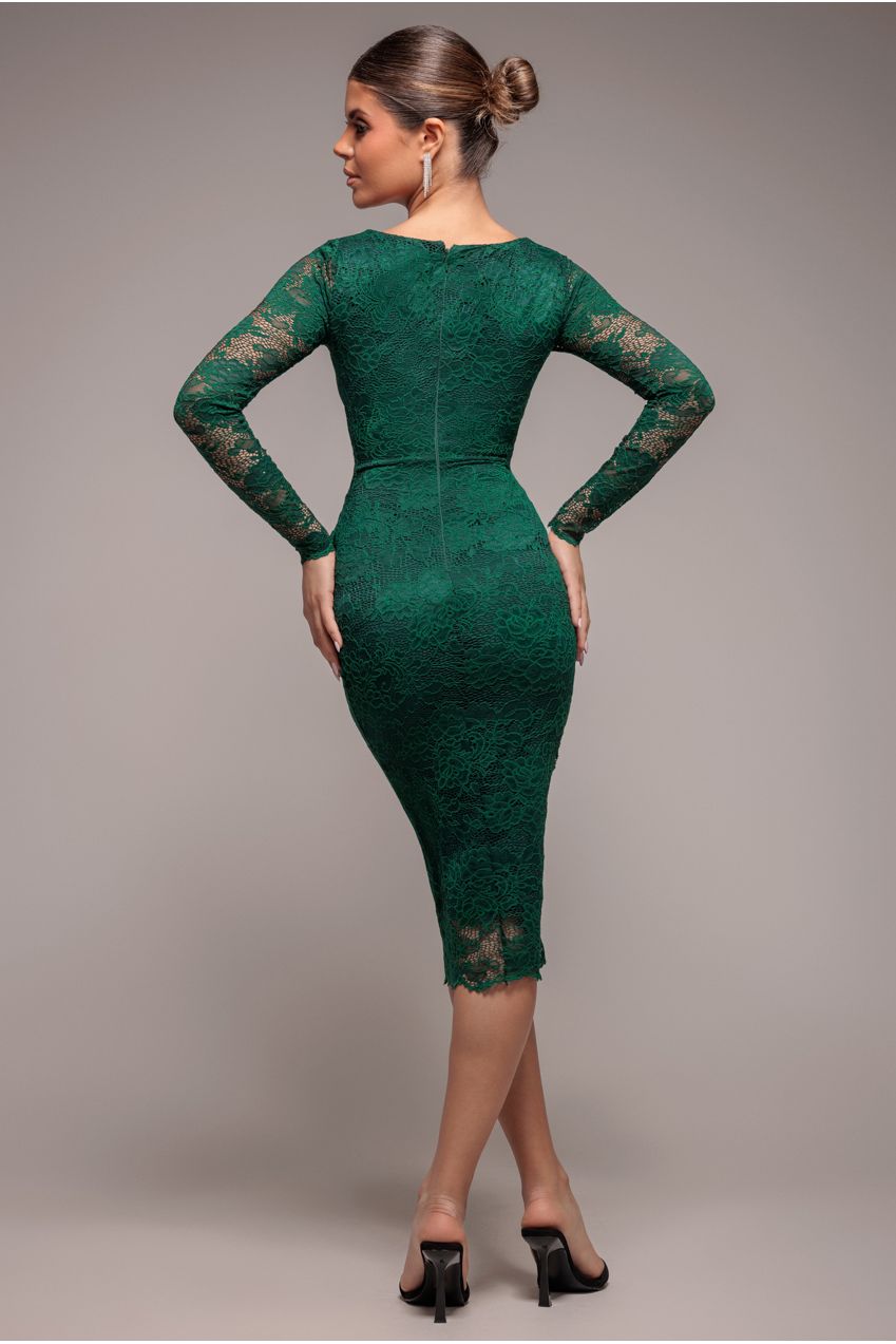 Goddiva Scalloped Lace Corset Bodice Midi Dress - Emerald Green