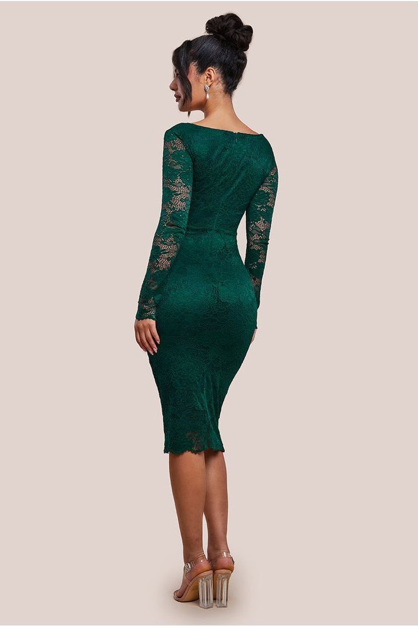 Goddiva Scalloped Lace Corset Bodice Midi Dress - Emerald Green