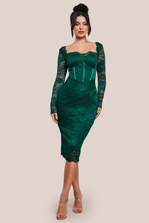 Goddiva Scalloped Lace Corset Bodice Midi Dress - Emerald Green