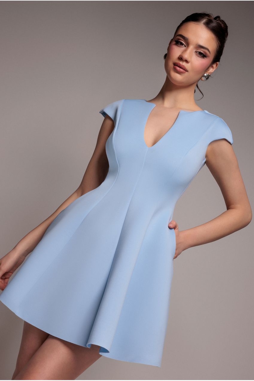 Goddiva Cap Sleeve Plunging V-Neckline Skater Mini Dress - Light Blue