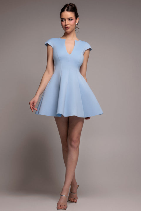 Goddiva Cap Sleeve Plunging V-Neckline Skater Mini Dress - Light Blue