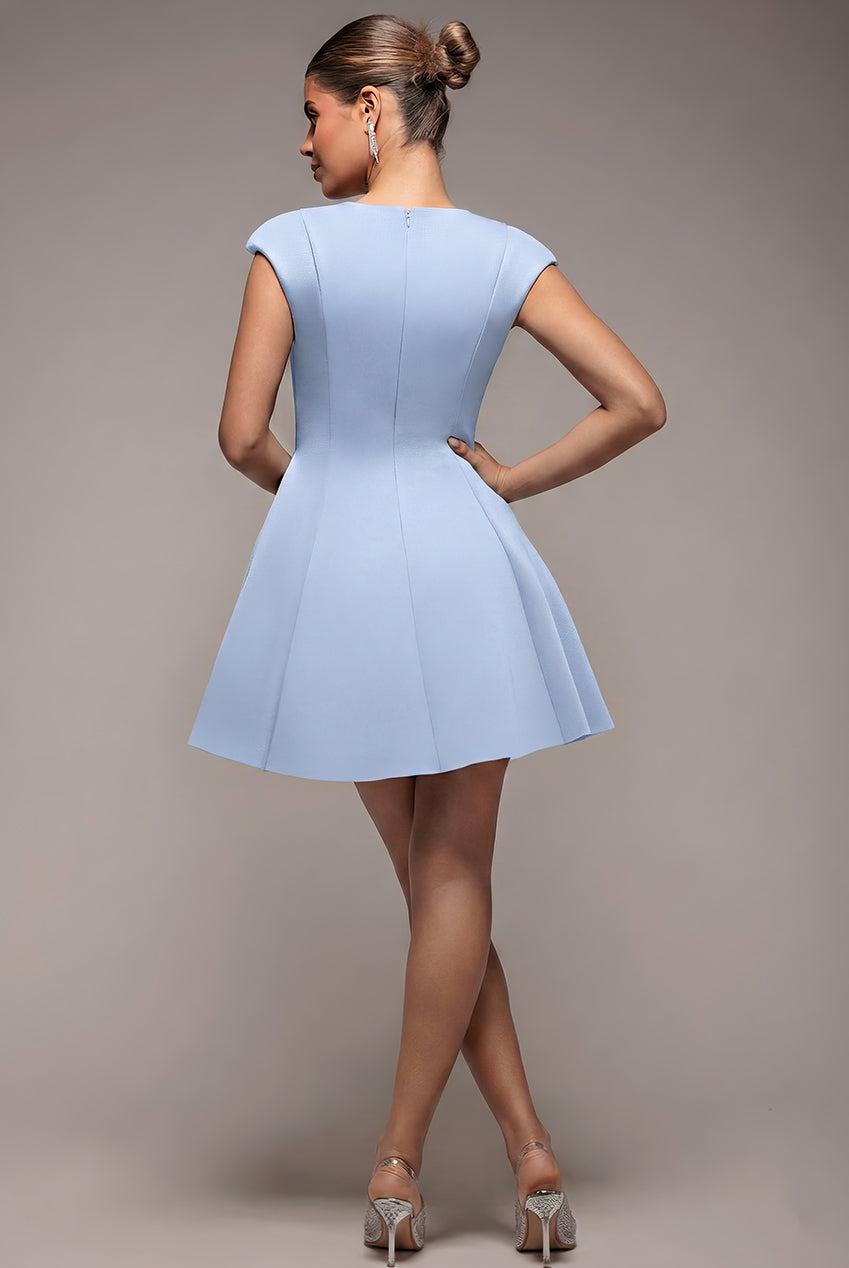 Goddiva Cap Sleeve Plunging V-Neckline Skater Mini Dress - Light Blue