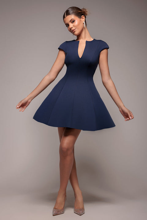 Goddiva Cap Sleeve Plunging V-Neckline Skater Mini Dress - Navy Blue