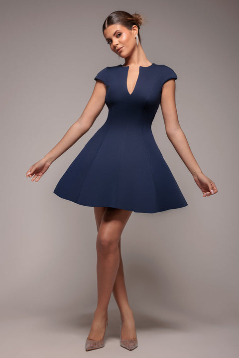 Goddiva Cap Sleeve Plunging V-Neckline Skater Mini Dress - Navy Blue
