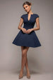 Goddiva Cap Sleeve Plunging V-Neckline Skater Mini Dress - Navy Blue