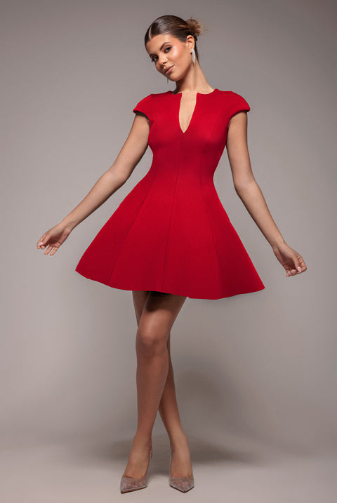 Goddiva Cap Sleeve Plunging V-Neckline Skater Mini Dress - Red