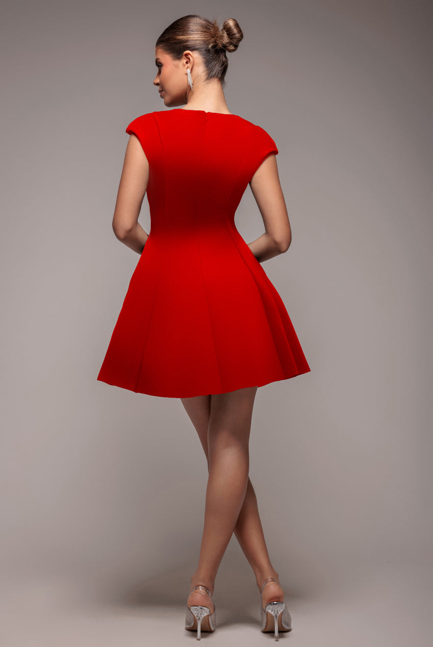 Goddiva Cap Sleeve Plunging V-Neckline Skater Mini Dress - Red