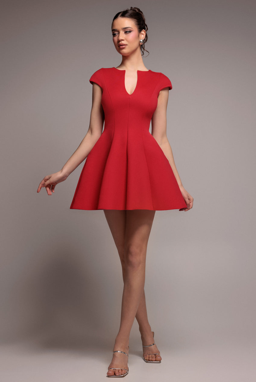 Goddiva Cap Sleeve Plunging V-Neckline Skater Mini Dress - Red