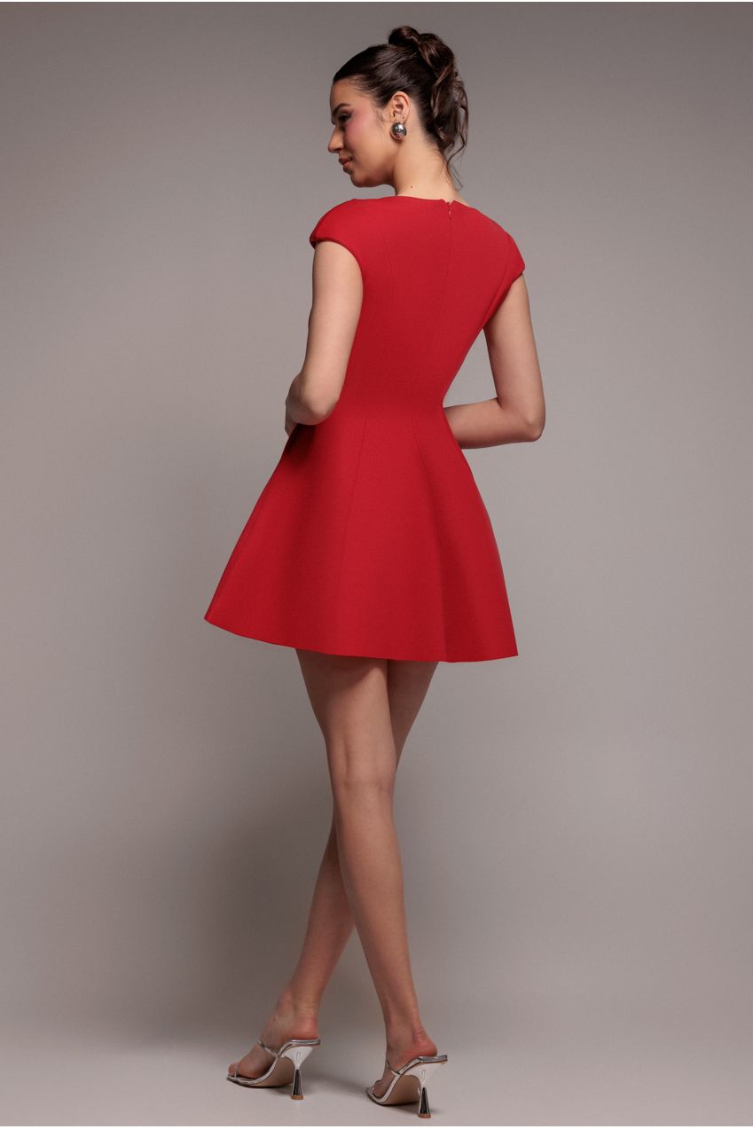 Goddiva Cap Sleeve Plunging V-Neckline Skater Mini Dress - Red
