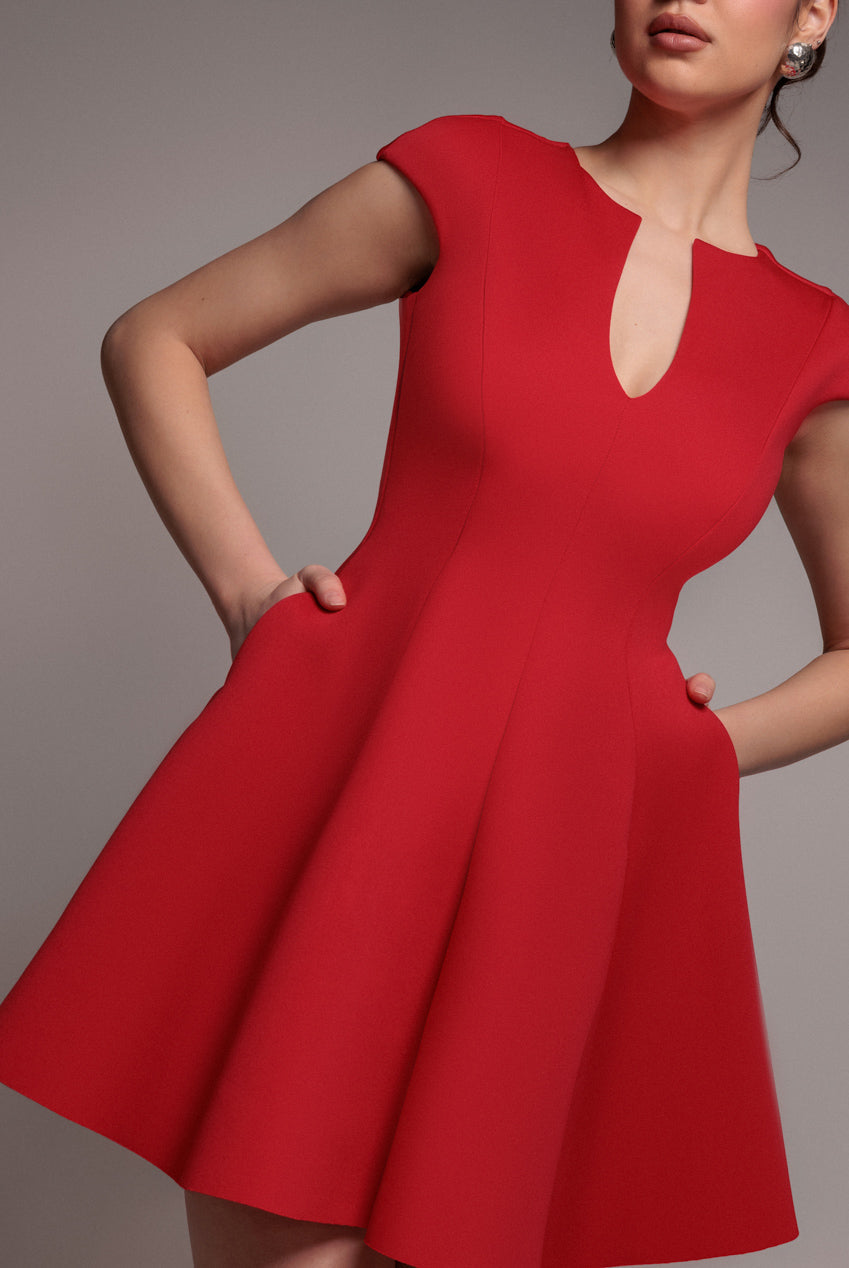 Goddiva Cap Sleeve Plunging V-Neckline Skater Mini Dress - Red