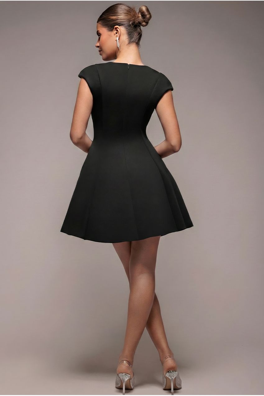 Goddiva Cap Sleeve Plunging V-Neckline Skater Mini Dress - Black