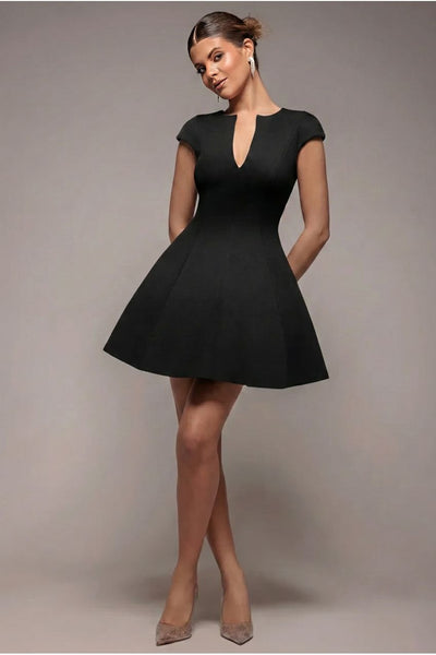 Black - Goddiva Cap Sleeve Plunging V-Neckline Skater Mini Dress - Black