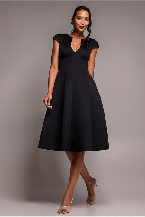 Goddiva Cap Sleeve Plunging V-Neckline A-line Midi Dress - Black