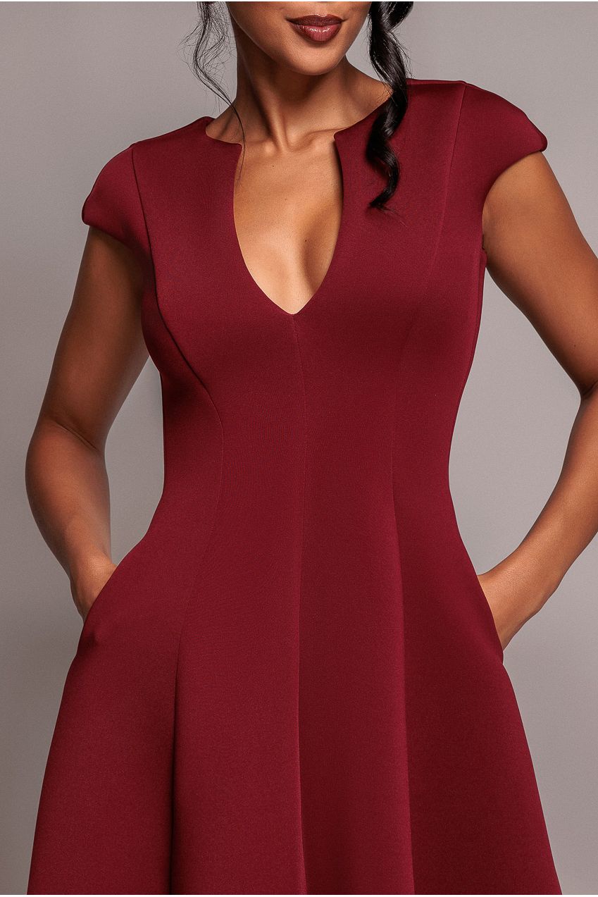 Cap Sleeve Plunging V-Neckline A-line Midi Dress - Wine | Goddiva US Cap Sleeve Plunging V-Neckline A-line Midi Dress - Wine | Goddiva US