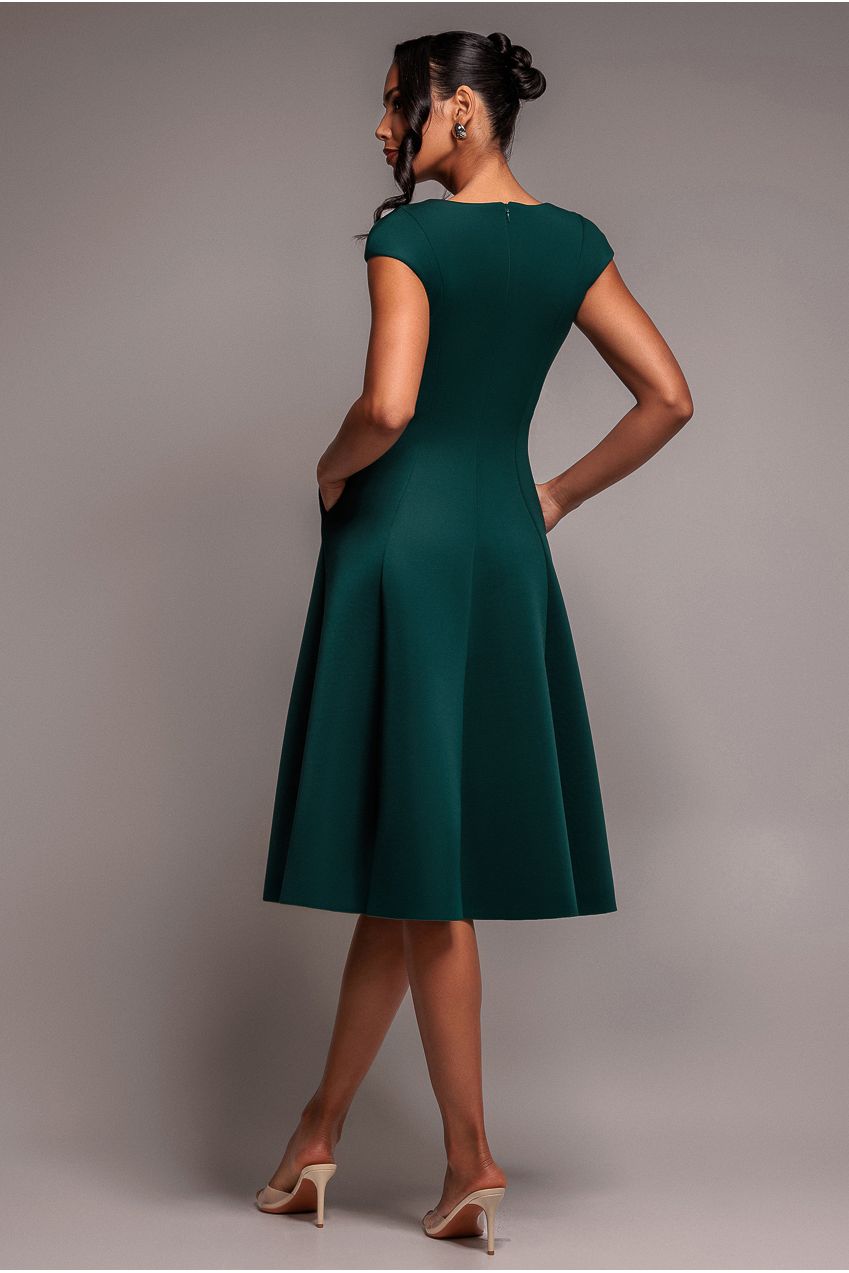 Goddiva Cap Sleeve Plunging V Neckline A Line Midi Dress - Emerald Green