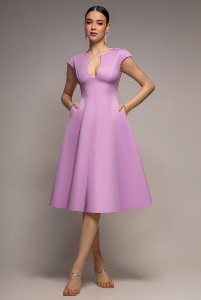 Lilac - Goddiva Cap Sleeve Plunging V-Neckline A-line Midi Dress - Lilac