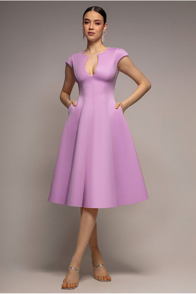 Goddiva Cap Sleeve Plunging V-Neckline A-line Midi Dress