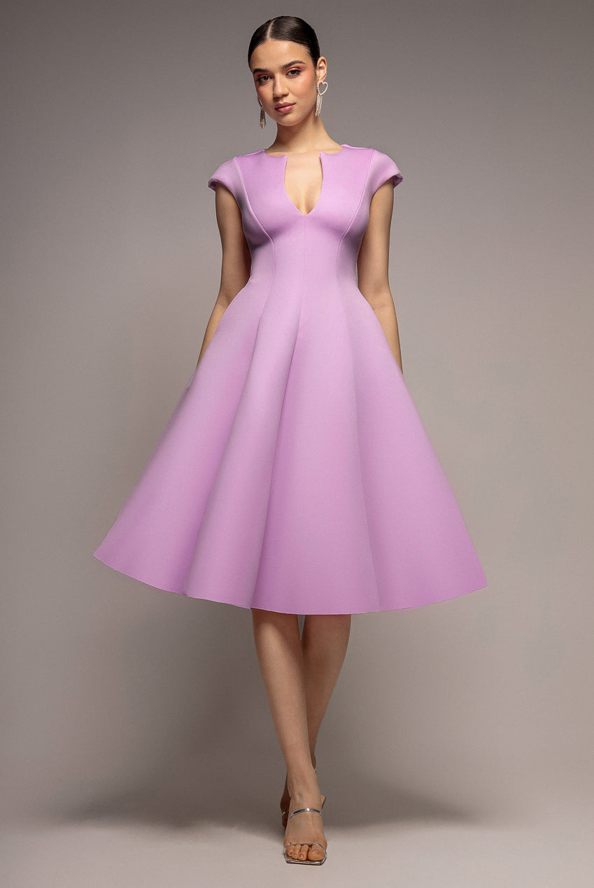 Goddiva Cap Sleeve Plunging V-Neckline A-line Midi Dress - Lilac