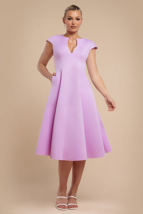 Goddiva Cap Sleeve Plunging V-Neckline A-line Midi Dress - Lilac