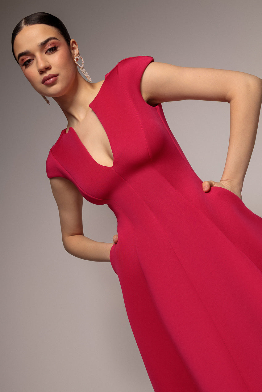 Goddiva Cap Sleeve Plunging V-Neckline A-line Midi Dress - Magenta