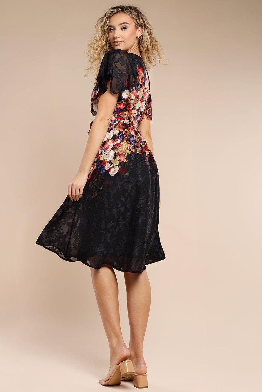 Goddiva Floral Flutter Sleeve Wrap Midi Dress - Black