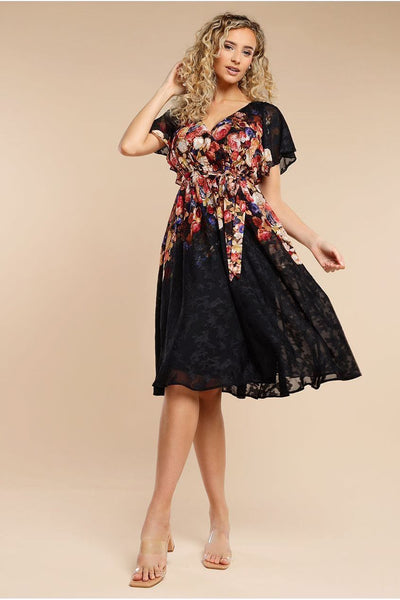 Black - Goddiva Floral Flutter Sleeve Wrap Midi Dress - Black