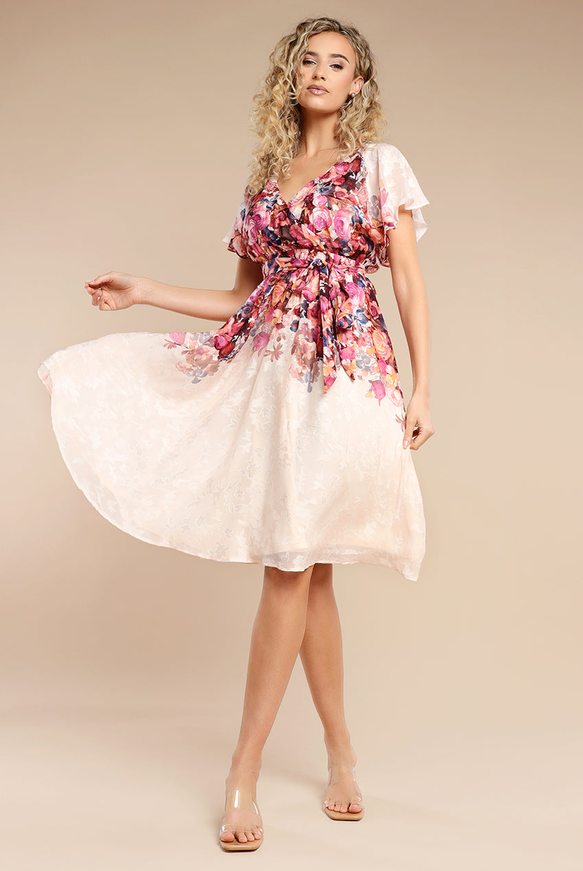 Goddiva Floral Flutter Sleeve Wrap Midi Dress - Ivory