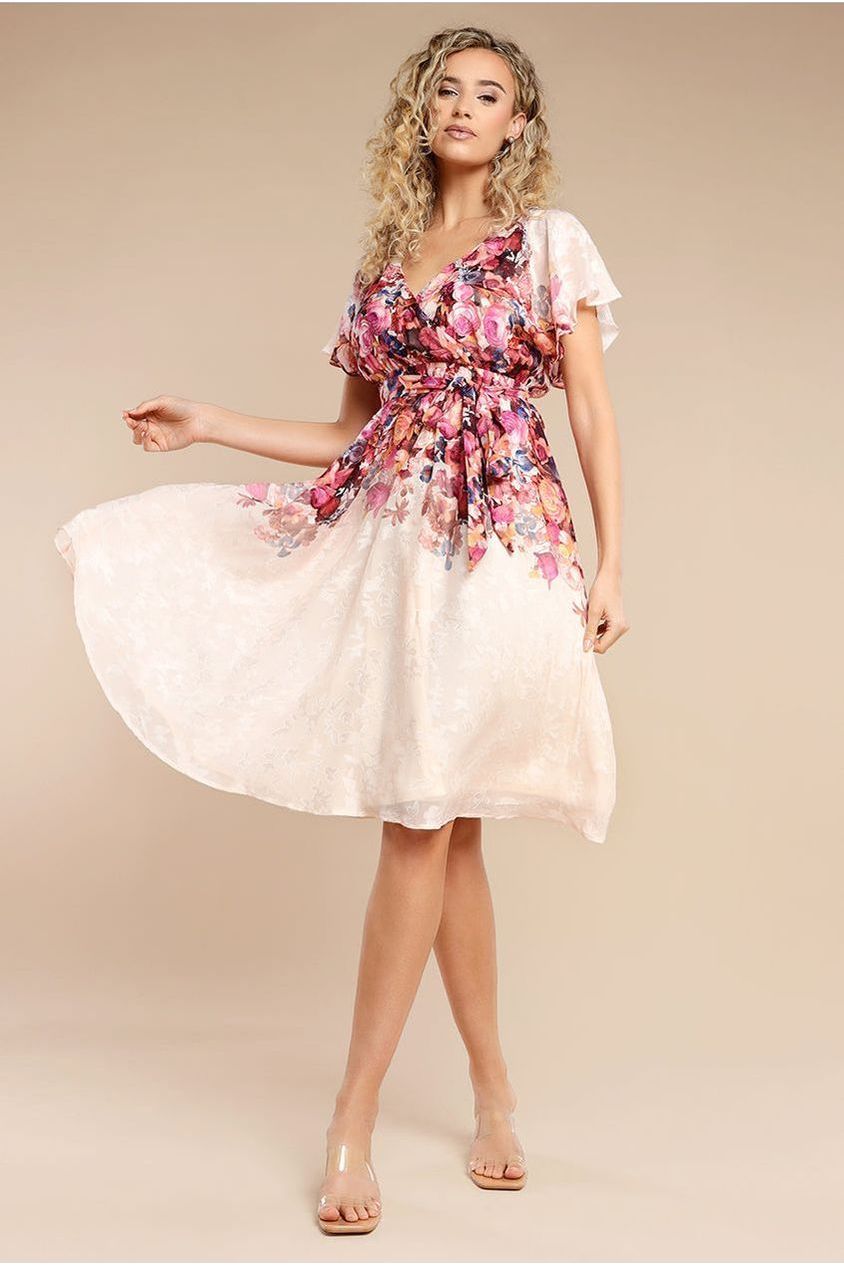 Goddiva Floral Flutter Sleeve Wrap Midi Dress - Ivory