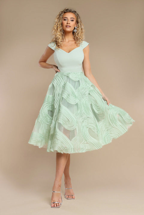 Goddiva Scuba & Textured Chiffon A Line Midi Dress - Sage Green