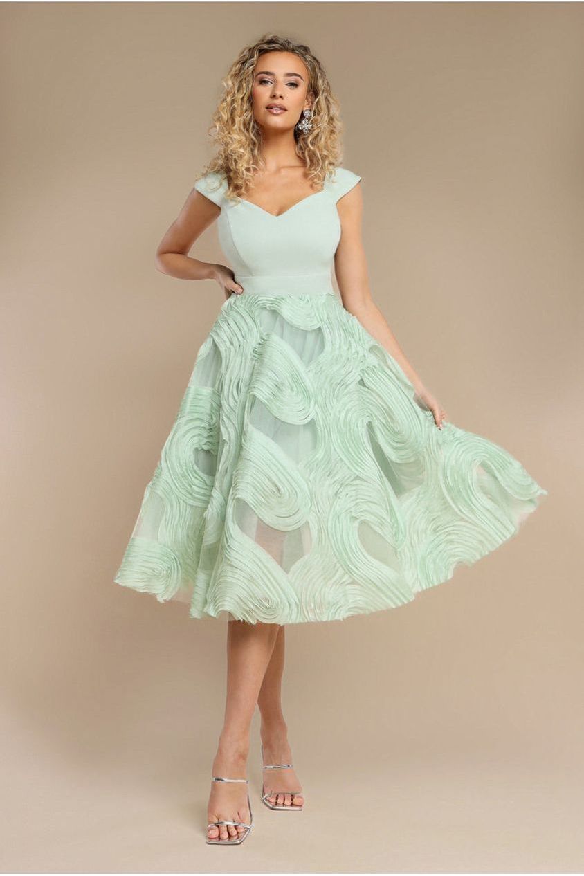 Goddiva Scuba & Textured Chiffon A Line Midi Dress - Sage Green