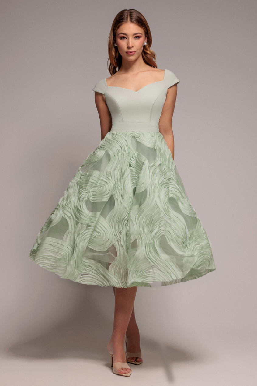 Goddiva Scuba & Textured Chiffon A Line Midi Dress - Sage Green