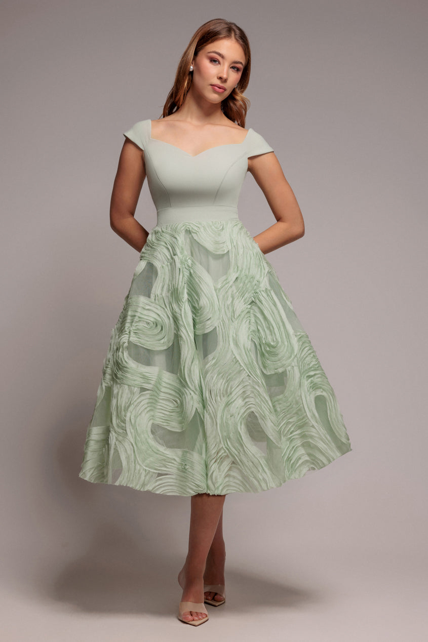 Goddiva Scuba & Textured Chiffon A Line Midi Dress - Sage Green