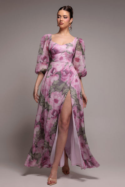 Blush - Goddiva Puff Sleeve A-Line Printed Chiffon Maxi Dress With Split - Blush Pink