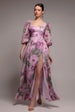 Goddiva Puff Sleeve A-Line Printed Chiffon Maxi Dress With Split - Blush Pink