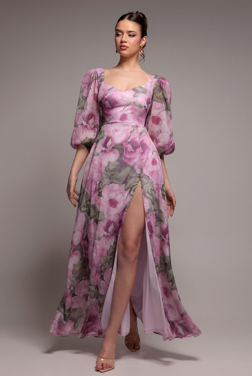 Goddiva Puff Sleeve A-Line Printed Chiffon Maxi Dress With Split