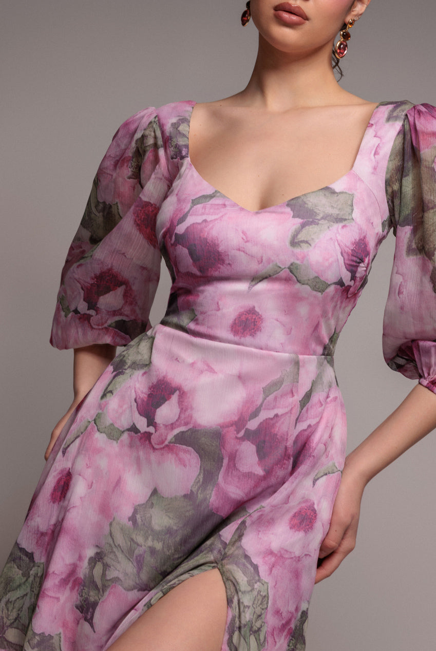 Goddiva Puff Sleeve A-Line Printed Chiffon Maxi Dress With Split - Blush Pink