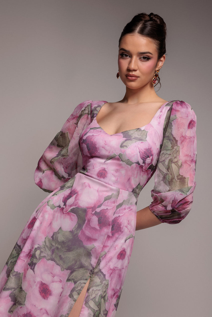 Goddiva Puff Sleeve A-Line Printed Chiffon Maxi Dress With Split - Blush Pink