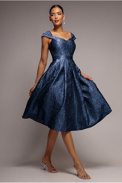 Goddiva Crushed Satin Sleeveless A Line Midi Dress - Navy Blue
