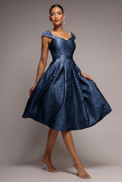 Goddiva Crushed Satin Sleeveless A Line Midi Dress - Navy Blue